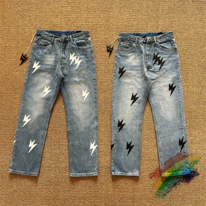 

Vintage Lightning Splicing Straight Leg Jeans Pants For Men Women 1:1 High Quality 2024ss Joggers Trousers