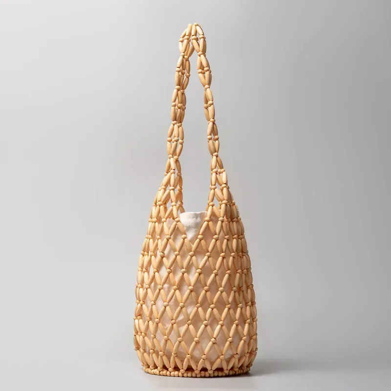 Sac à Main Bergame de Grande Capacité pour Femme, Rétro Tissé, Perle en Bois, Creux, E27, Décontracté, Polyvalent, Nouvelle Mode