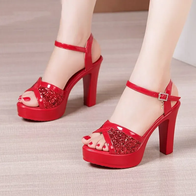 Small Size 32-43 White Red Bling Wedding Shoes Woman Block High Heels Sandals 2024 Summer Women\'s Platform Sandals Office Model