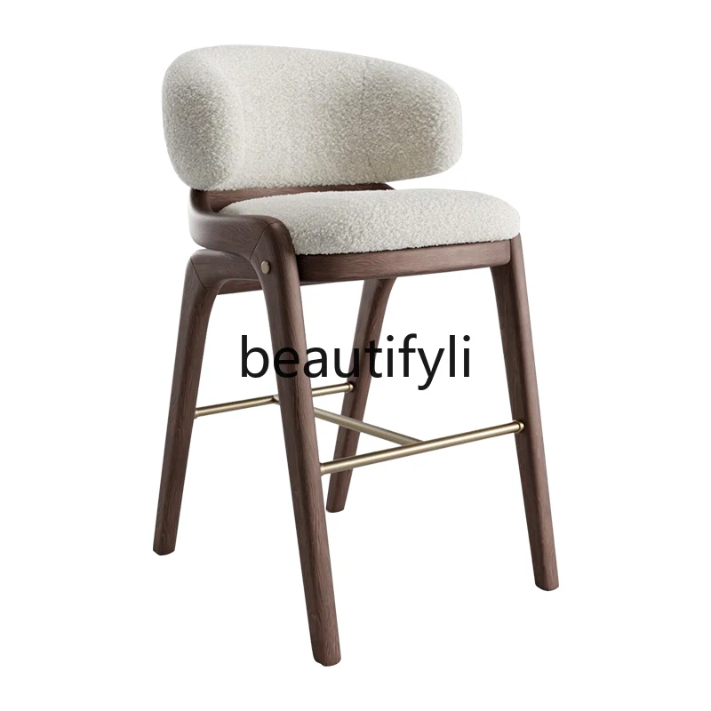 Vintage high-end bar bar chair lamb wool island table armrest dining chair cafe casual solid wood high stool