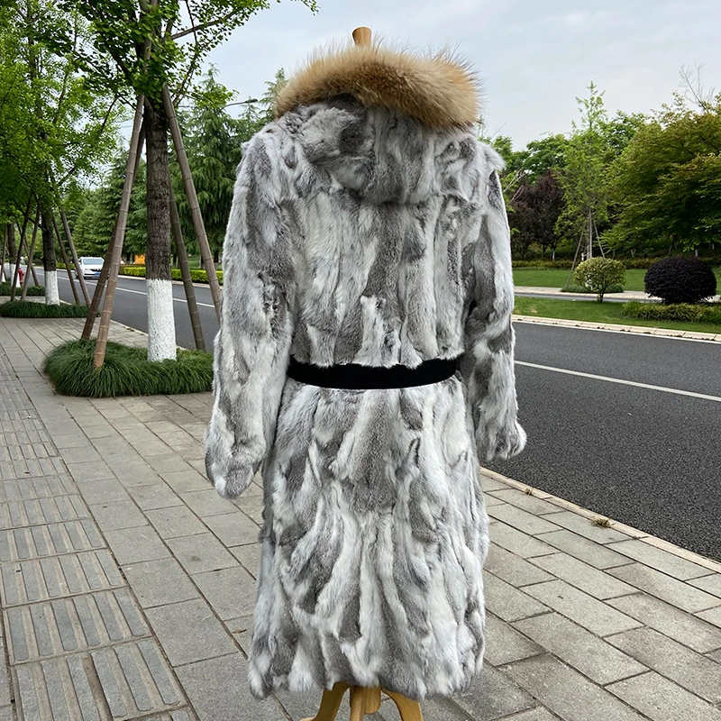 women winter warm fashion longest fur coat real rabbit fur coat with huge hood and raccoon fur collar