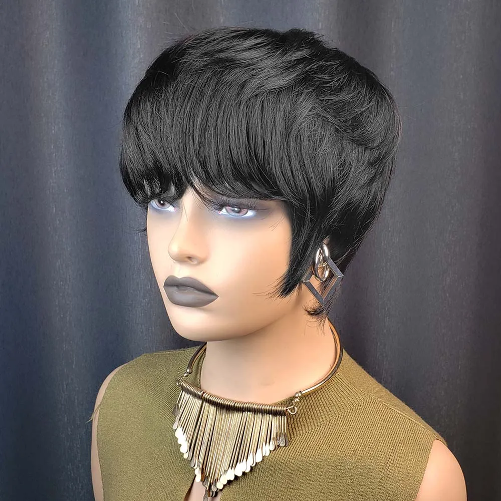 여성용 픽시컷 인모 가발, 짧은 레이어드 픽시컷 스트레이트 가발, 브라질 레미 머신메이드 가발, 내추럴 블랙 색상