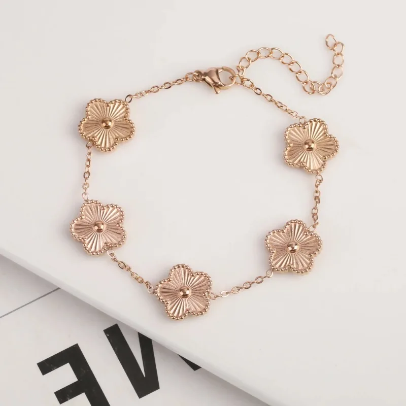 1Pc Y2K Style Metal Double Sided Plum Blossom Plant Five Leaf Flower Adjustable Bracelet Stainless Steel Luxury Women's Clover image 6