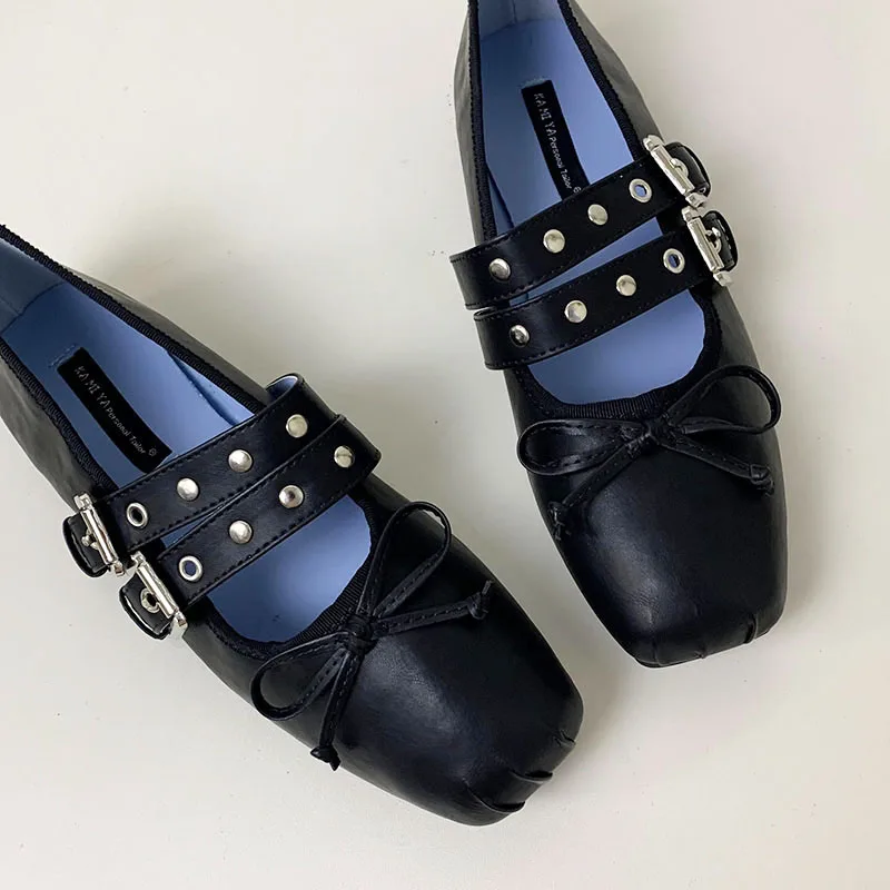 Female Butterfly-Knot Footwear Women Flat With Shoes Rivet Fashion Designer Buckle Strap Shallow Ladies Flats Mary Janes Shoes