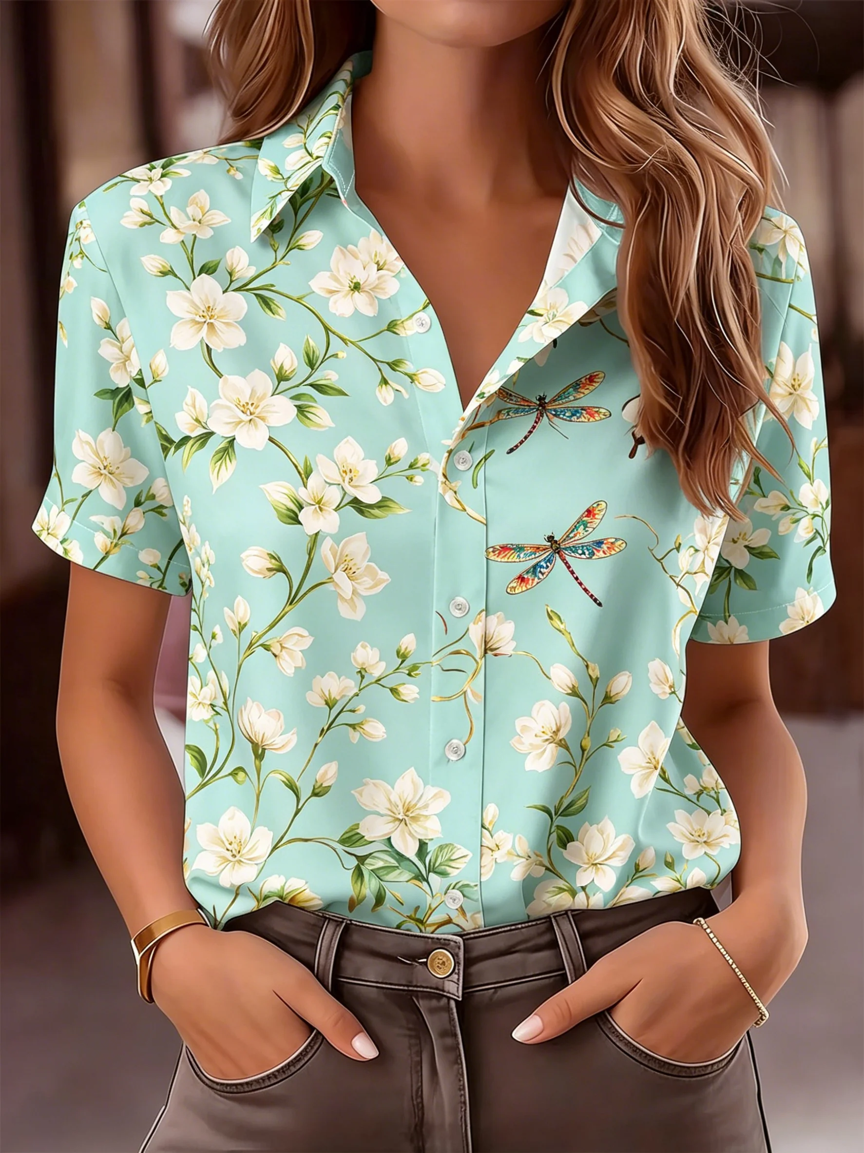 

Women's Spring Summer Lapel Shirt, Mint Green White Floral Vine Colorful Dragonfly Allover Print Casual Tops for Daily Outfit