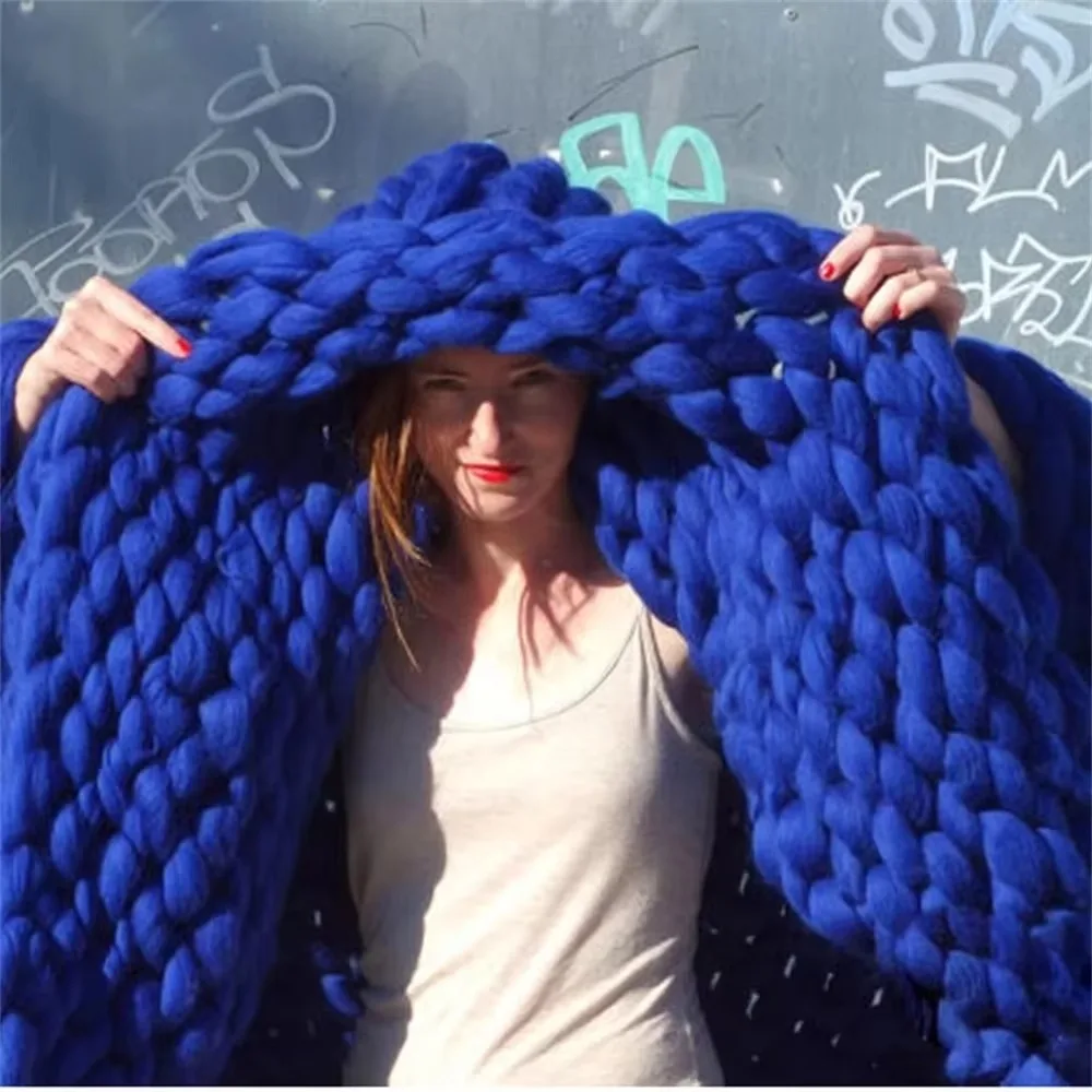 Handmade Chunky Knitted Blanket Thick Yarn Wool Bulky Knitted Blanket Warm Winter Sofa Bed Home Decor Throws Blankets