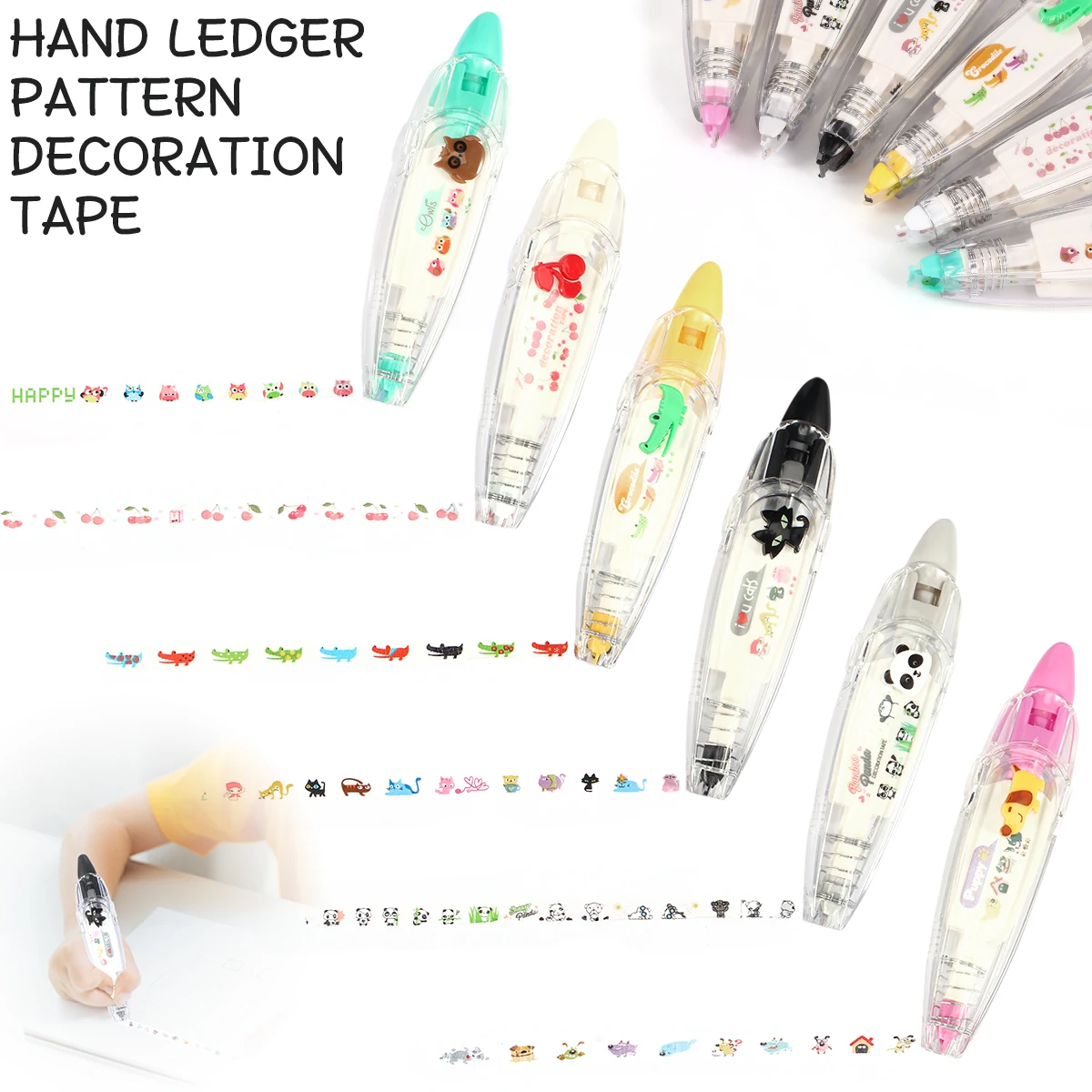 6Pcs Press Type Decorative Pen DIY Cute Animals Decorative Masking Tape Creative Cartoon Pattern Decorative Tape Decorative