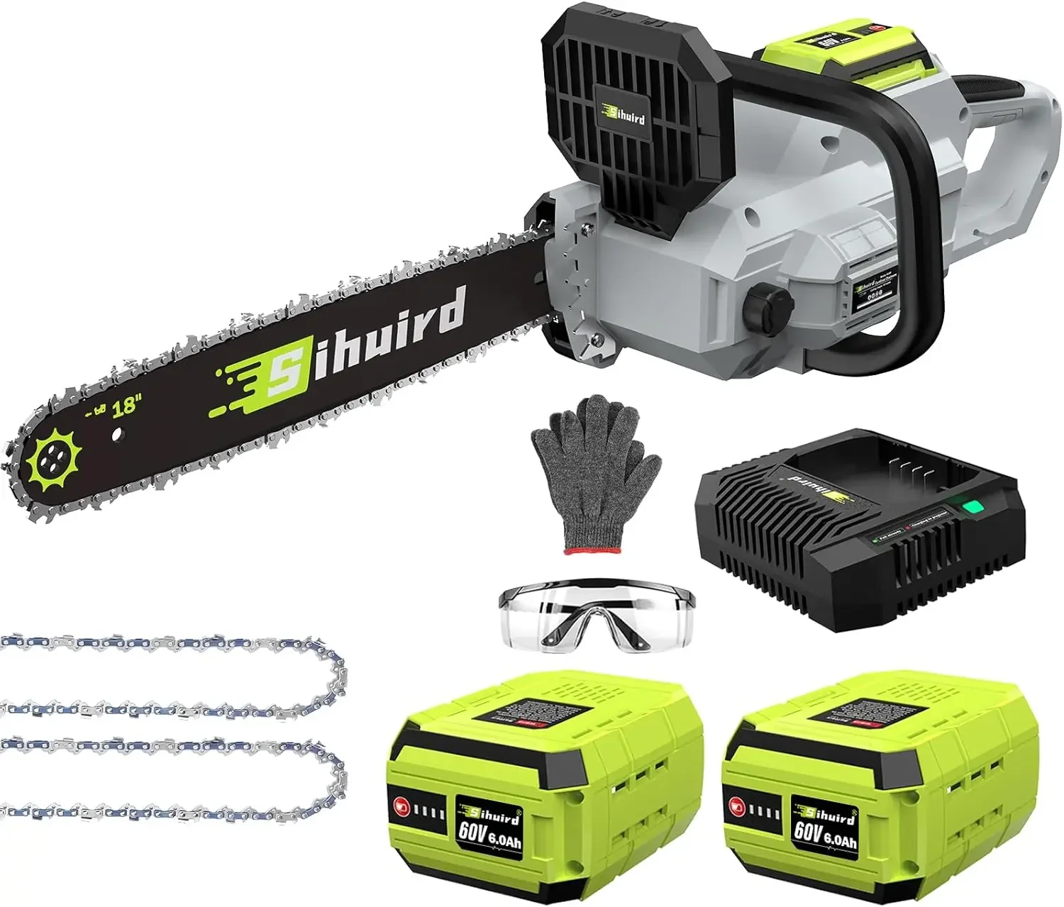 

60V 18-Inch Cordless ChainSaw, 2 x 60V 6.0Ah Battery and Charger, Brushless Motor Electric Chainsaw with Tool-free Chain Tension