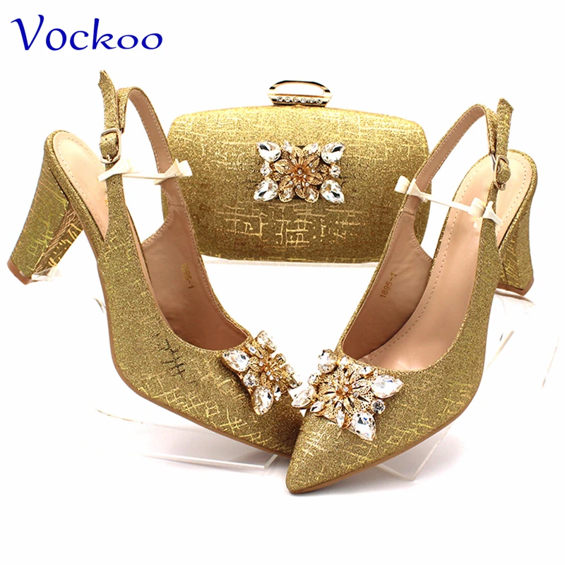 Golden Color New Arrivals African Women Shoes and Bag Set Mature Style Italian Design Pumps for Party