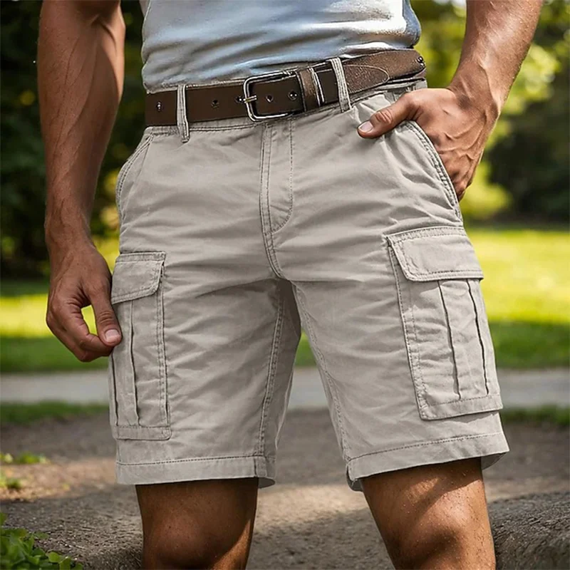Klassische Cargo-Shorts für Herren, mehrere Taschen, gerades Bein, einfarbig, lässige Arbeitsshorts, Outdoor-Wanderhose, knielang, für den täglichen Gebrauch. – Detail 5