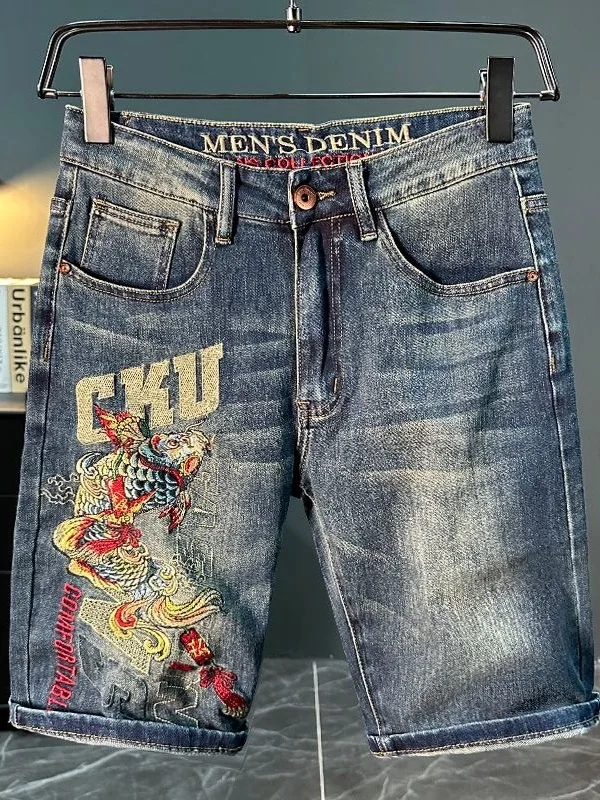 Trendy Brand Embroidered Carp Slim Fit Loose Jeans Shorts Men Summer Thin Straight Casual American Retro Five-Point Pants