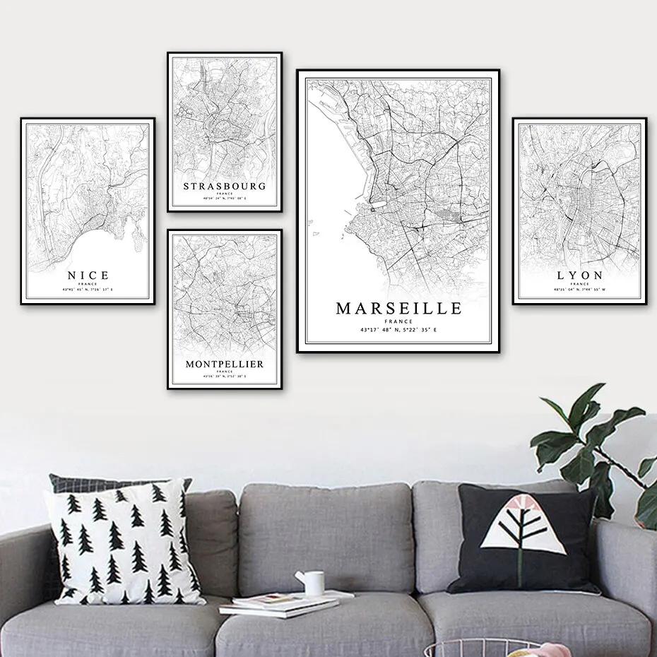 Mapa de ciudades francesas, impresiones artísticas, París, Lyon, Marsella, Montpellier, bonito Strasburgo, Toulouse, lienzo, decoración de pared