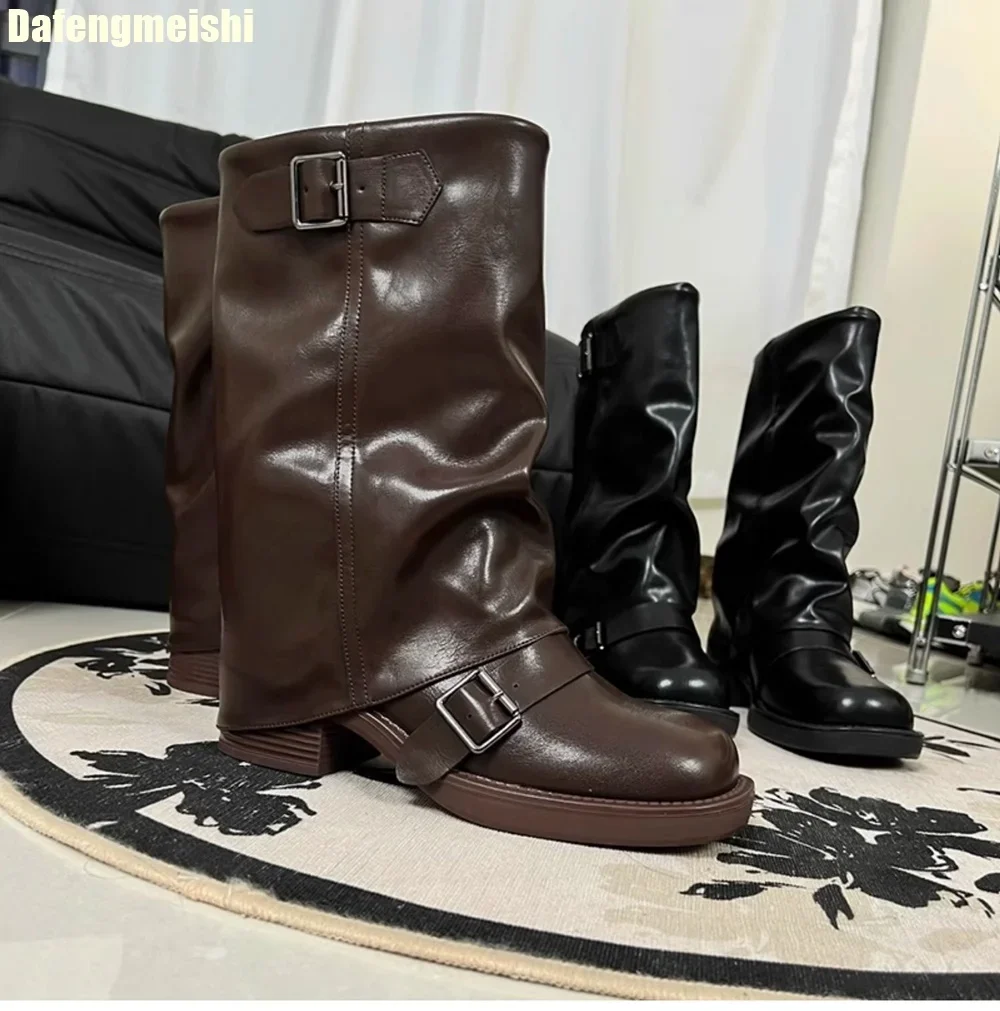 Genuine Leather Thick-Soled Chelsea Boots for Women 2025 New Style Belt Buckle Western Cowboy Boots Pleated Mid-Calf Boots