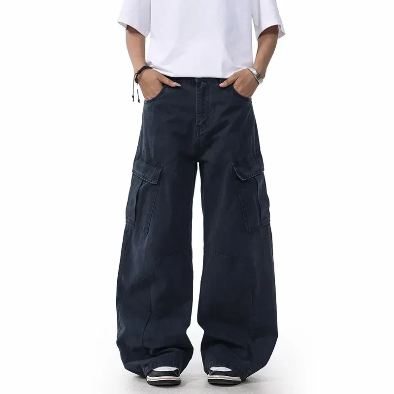 

American Retro Washed Multi-Pocket Wide Leg Work Pants Men's Loose Casual Floor-Length Trousers Simple And Slimming