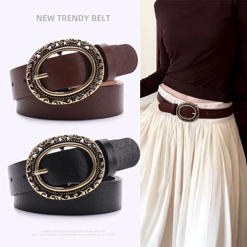 Fashionable New Round Buckle Belt for Women Paired with Skirts Jeans Pants Ethnic Style Decorative Belt for Women