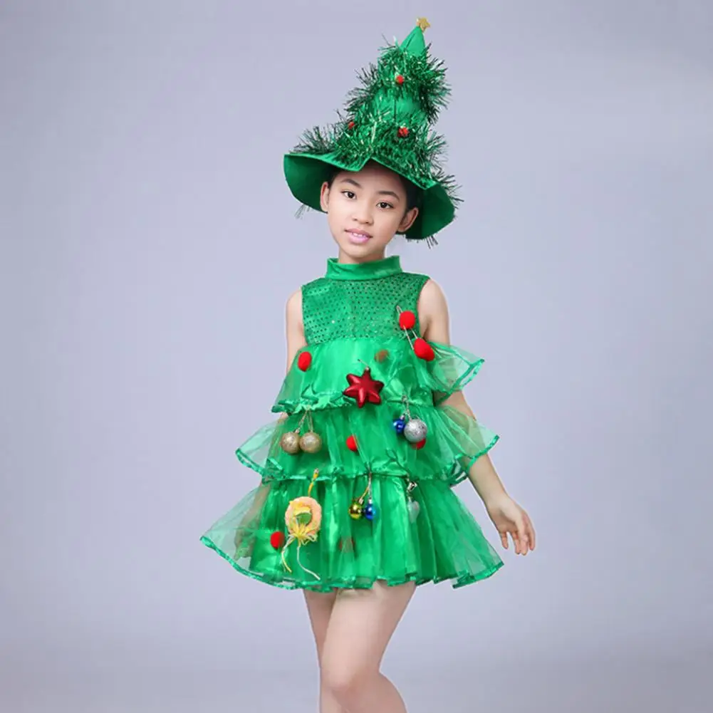 Kids Special Occasion Dress Christmas-themed Children's A-line Dress with Stand Collar Scattered Cake Hem Sleeveless for Stage