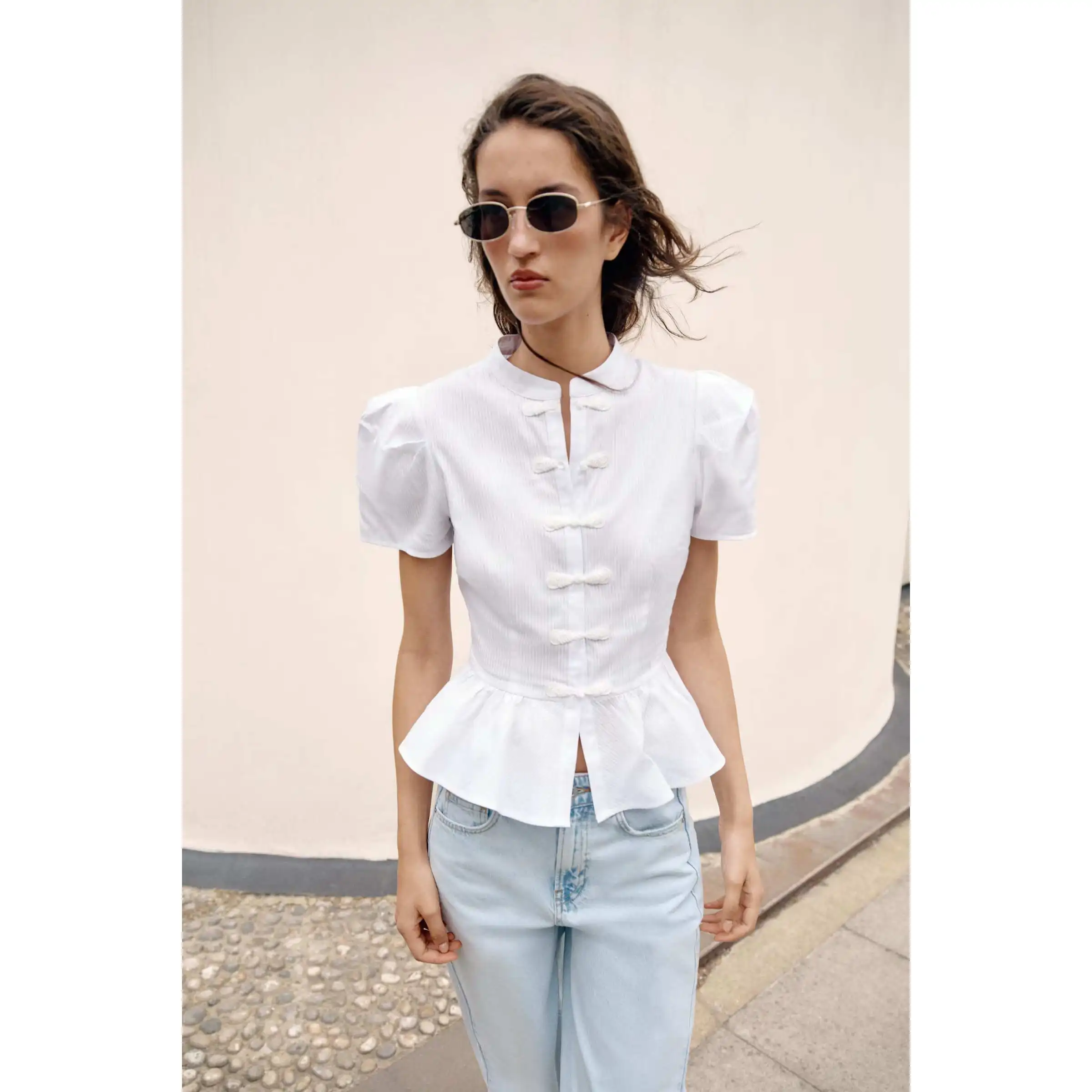 Fashionable A-Line Shirt round Neck Rope Knot Women's Shirt Versatile Polyester Fiber Bubble Sleeve Short Sleeve Breathable S...