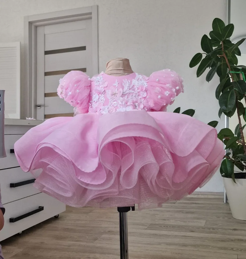 Pink Ball Gown Fluffy Infant Toddler First Birthday Dress Lovely Tutu Outfit Puff Sleeve Tulle Gown with Bow