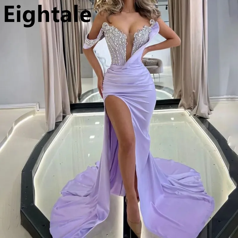 Eightale 2023 Lavender Mermaid One Shoulder Evening Dress For Wedding Party Satin Slit Prom Dress Dubai Party Gown Customized