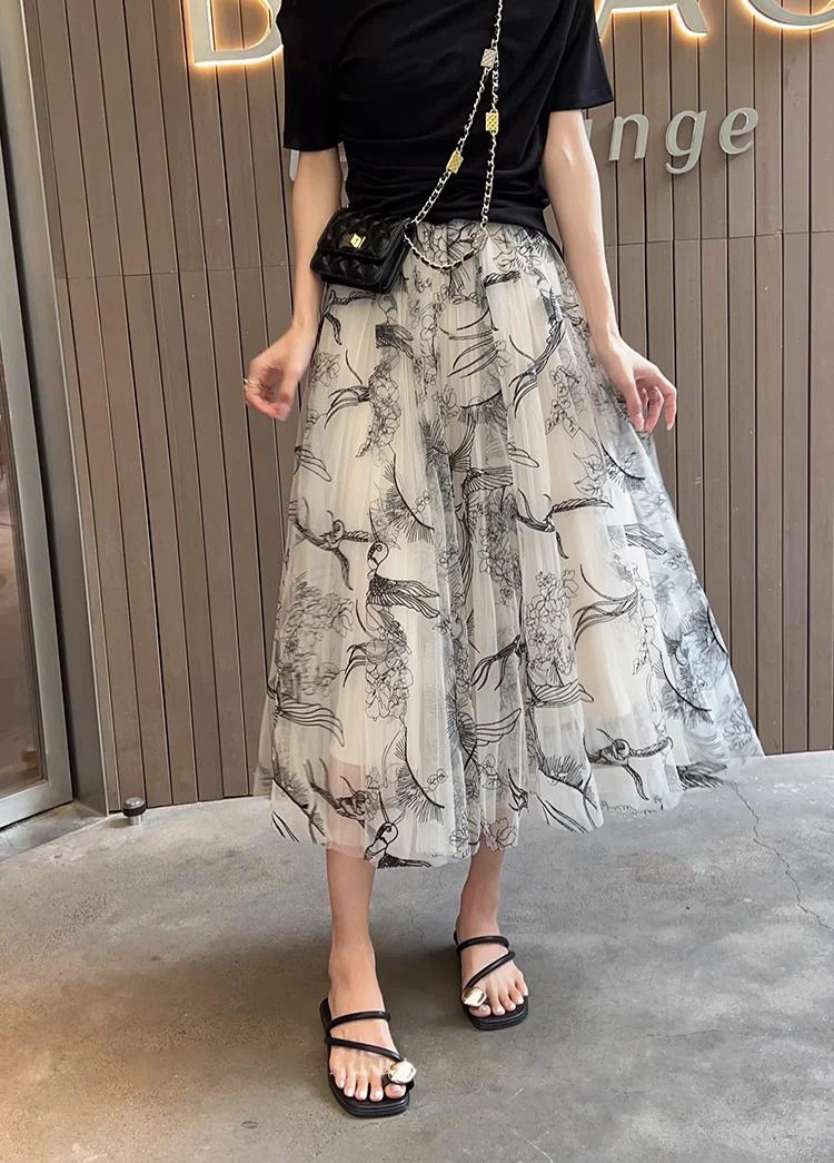 Falda de gasa de tul con flores y pájaros para mujer, Falda Midi de malla Floral, cintura elástica, elegante y dulce, todas las estaciones