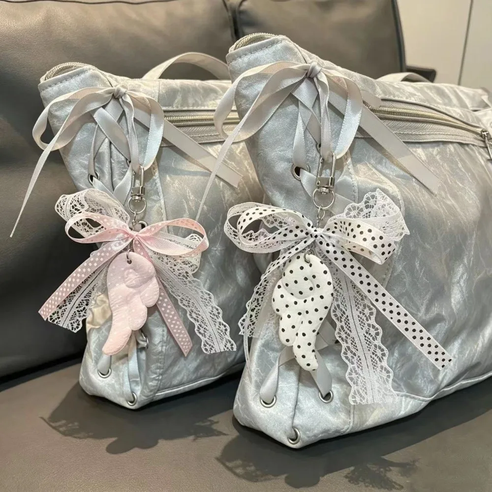 Sweet Polka Dot Star Pendant Keychain Music Note Bow Ribbon Bag Charm Angel Wings Lace Key Ring