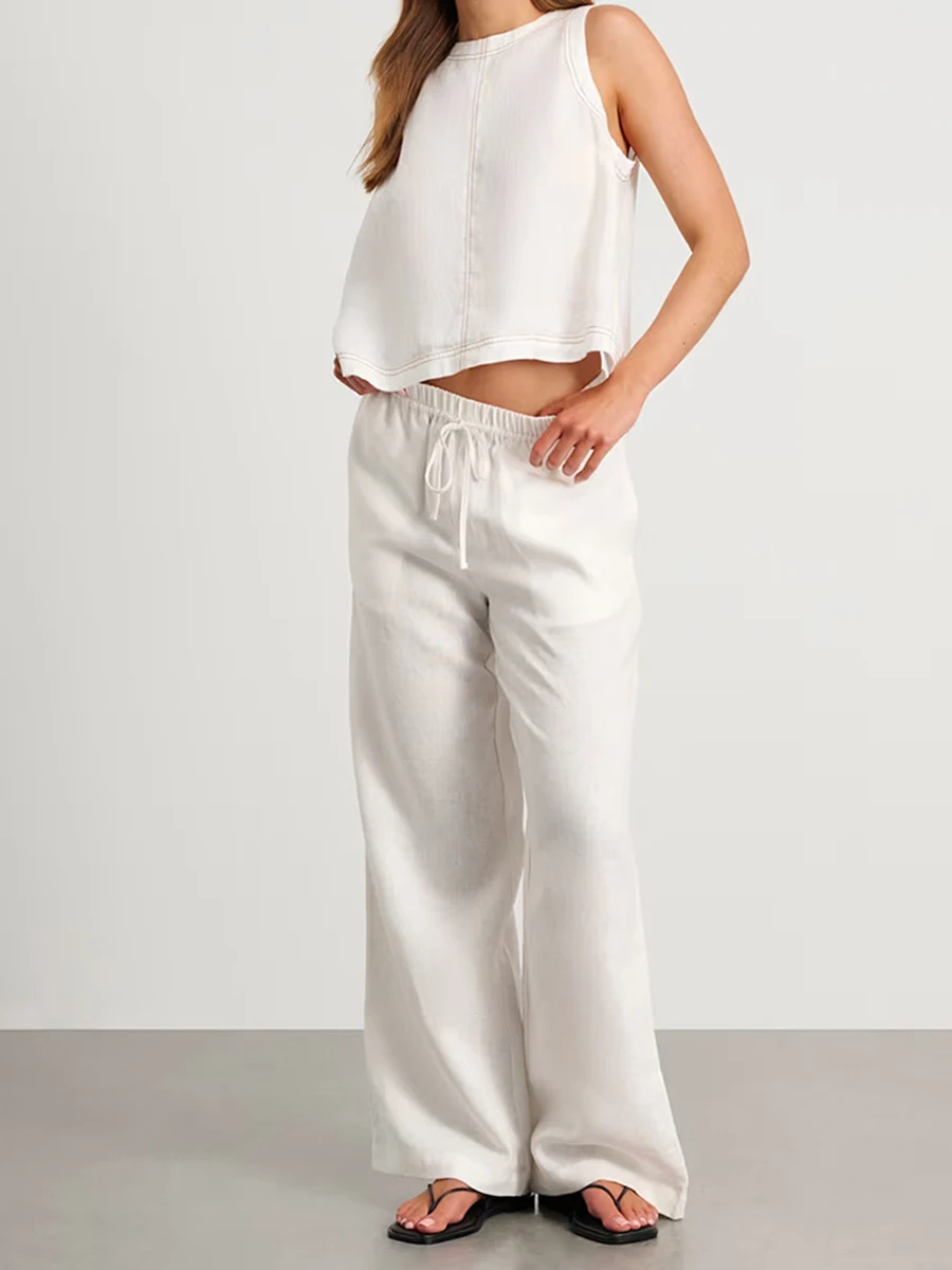 

Solid Wide Leg Pants Sets Women Crew Neck Sleeveless Tank Top+Drawstring Trouser Suits Summer New Casual Fashion Two-piece Set
