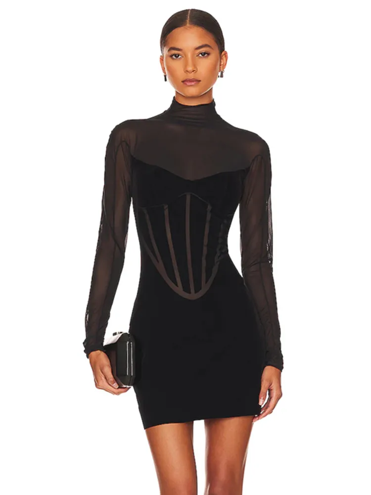 Women Black Long Sleeve Sheer Bandage Patchwork Bodycon Mini Dress Celebrity Evening Club Party Going Out High Street Gowns