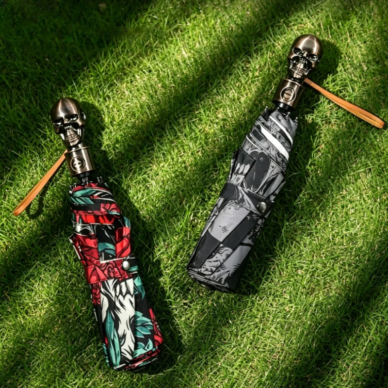 Skull Automatic Folding Umbrella Large Double Person 3 Fold Durable Anti Scratch Rain Parasol for Women Men Travel 자동 우산