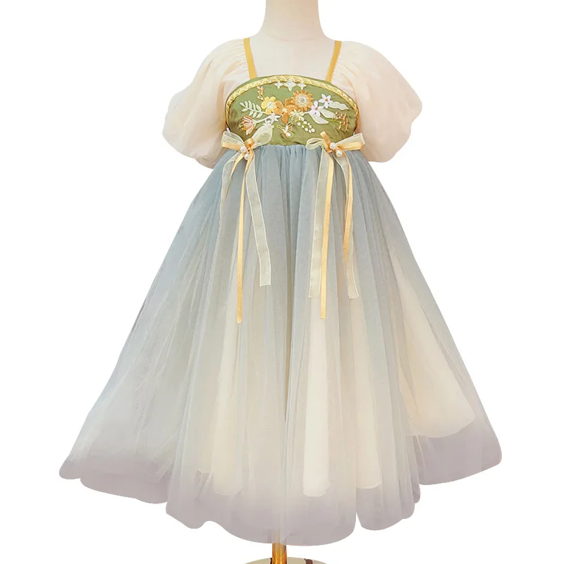 Robe de princesse de style chinois pour enfants, tenue de scène, broderie florale, vert nickel é, prairie, Hanfu, costume Tang imbibé