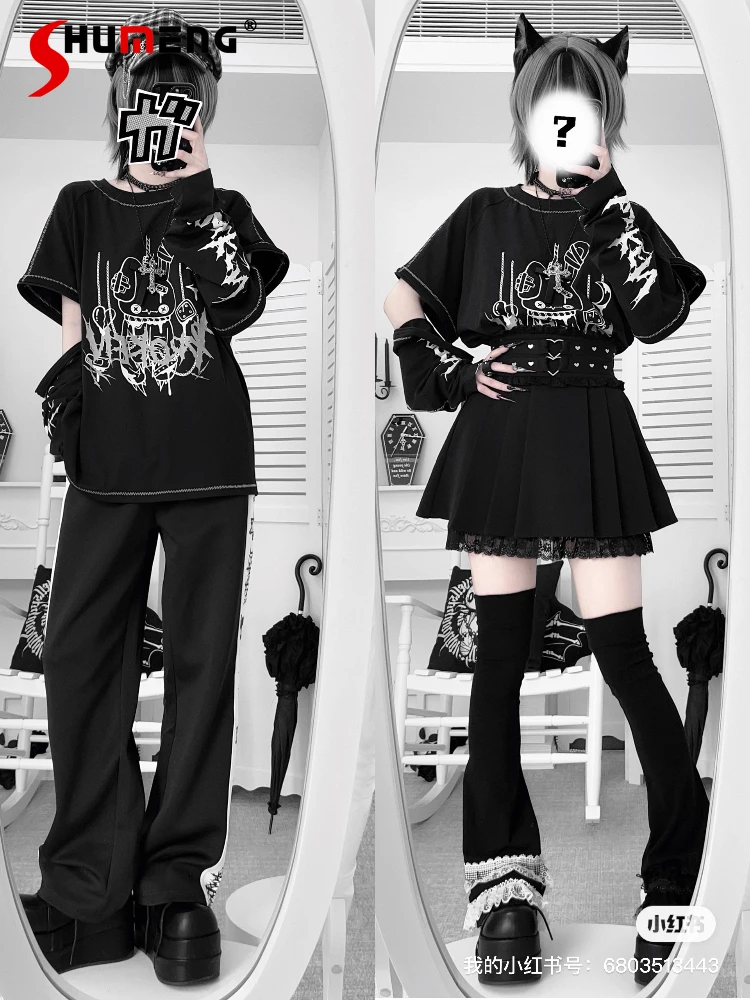 

Original Subculture Sweet Cool Loose T-Shirt 2025 Autumn New Girls' Cartoon Print Detachable Sleeve Tops Women's Y2k Tees 2025