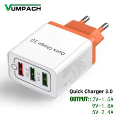 Wall Charger Adapter 3 Ports Quick Charge 3.0 Micro USB Fast Data Sync Charger Cable for Samsung Xiaomi Huawei ipad USB Charger