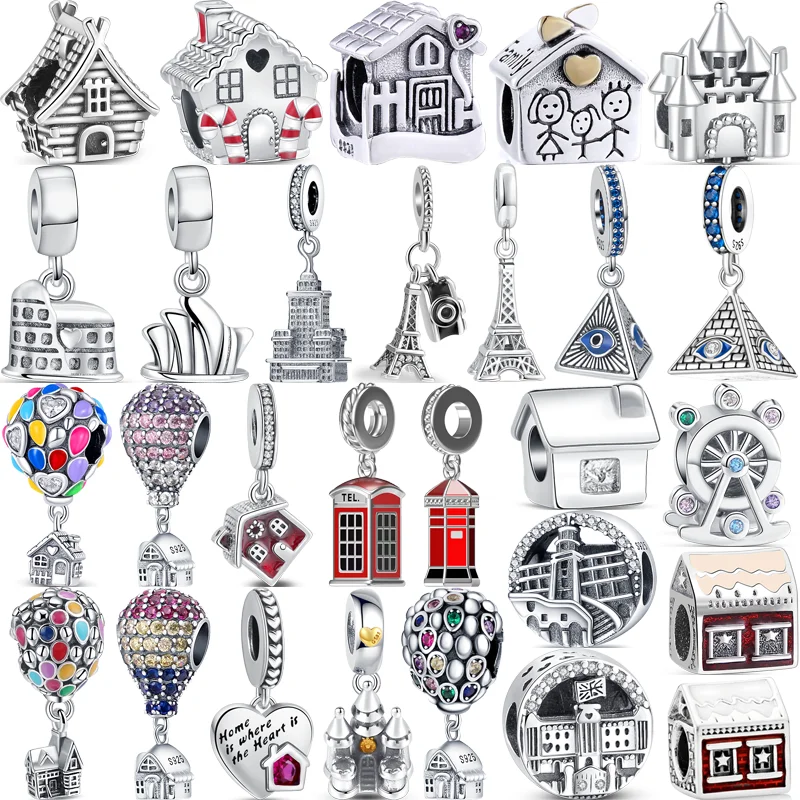 

100% 925 Silver Balloon House Castle Pyramid Tower Ferris Wheel Pendant Beads Fit Original Pandora Charms Bracelet Women Jewelry