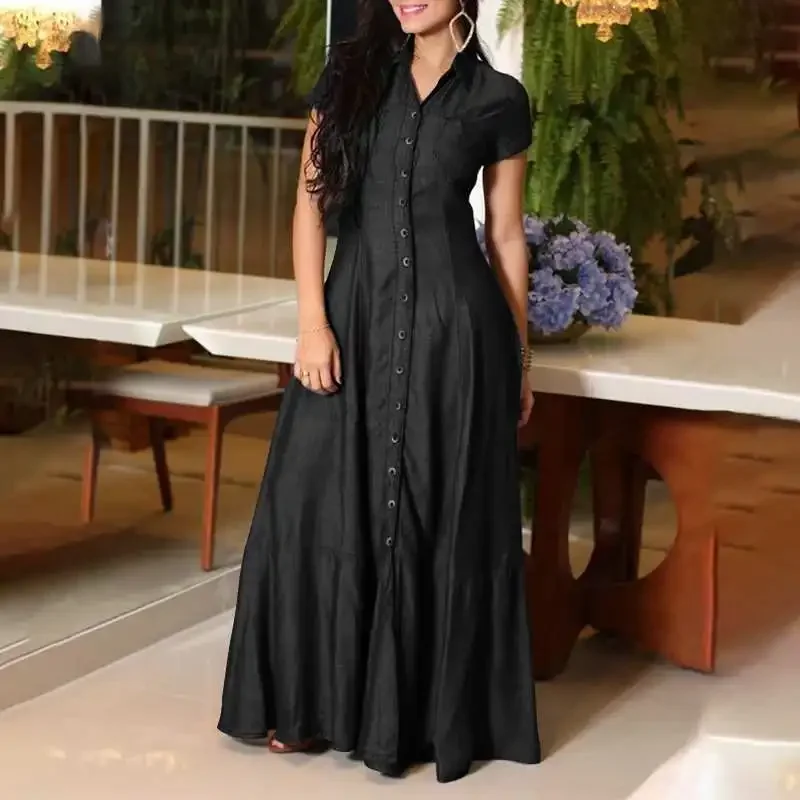 Large Size Denim Maxi Dress for Women Casual Short-sleeved Button Muslim Dress Women Shirt Collar Pocket Abayas Summer Kaftan