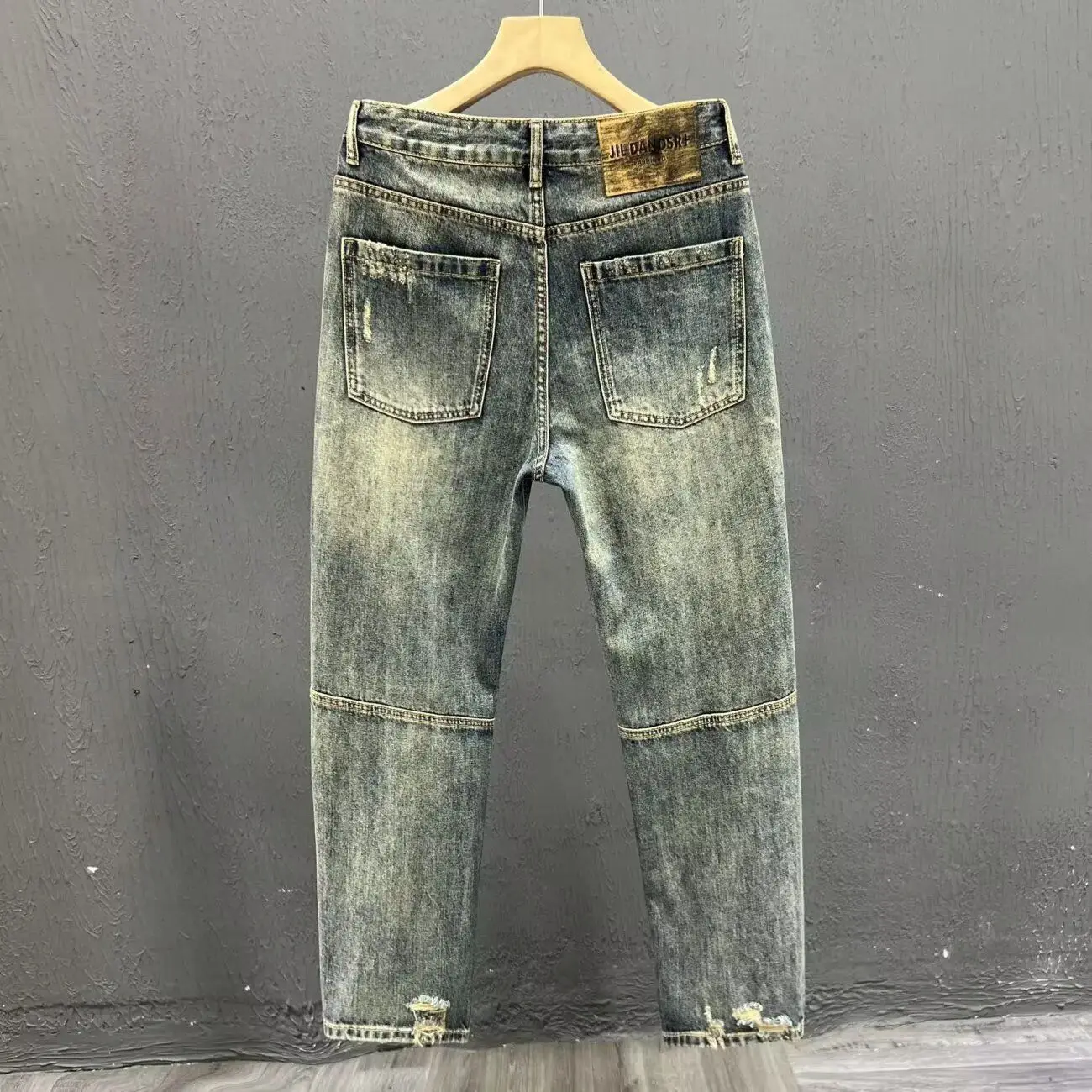 Korean Luxury Denim Jeans for Men Autumn Yellow Mud Workwear Plus Size Loose Straight Designer Washed Casual Cool Long Pants