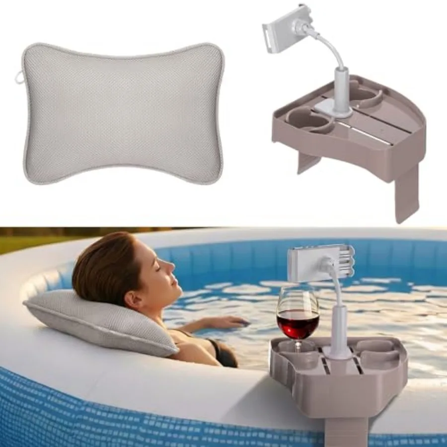 

2 Pcs Hot Tub Table Tray with Adjustable Phone Holder and 2 Cup Holders Bath Pillow Spa Headrest Pillow with Suction Cup Hot Tu