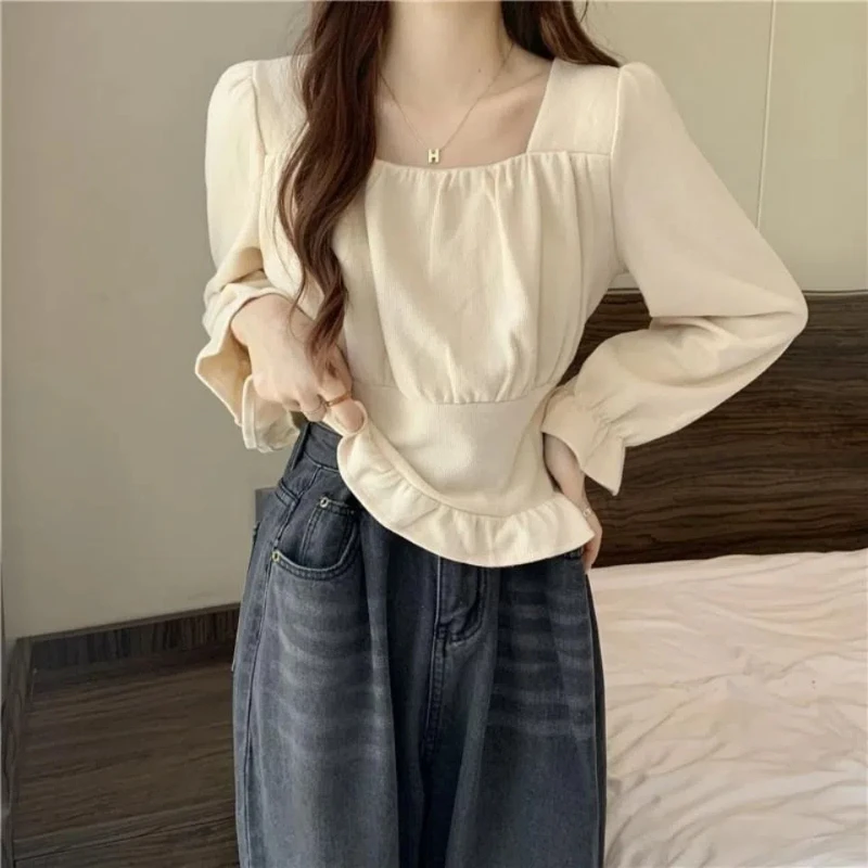 Korean Spring Sweet Square Collar Off Shoulder Fashion Solid Color Blouse Women Elegant Vintage Pleated Flare Sleeve Pullovers