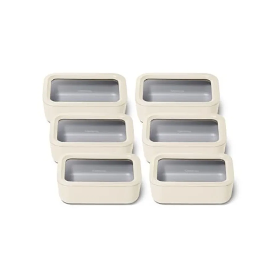 

6pc Glass Food Storage Set for Kitchen Ceramic Coated, Cream Non Toxic Non Stick with Lids, Microwave Safe, 6.6 Cup Capacity