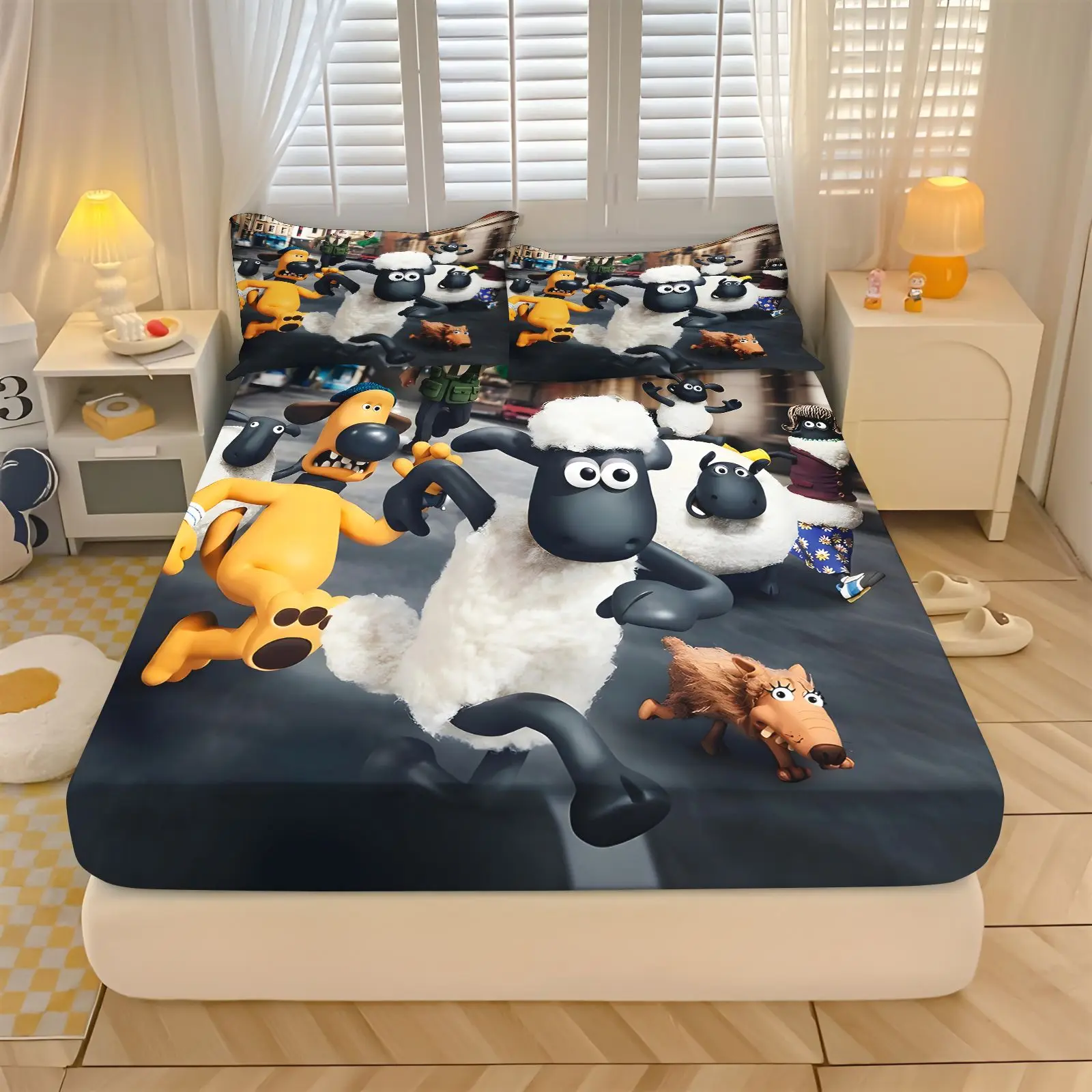 Shaun the Sheep Fitted Sheet Set 2PCS Cartoon Bed Cover With Pillowcases Soft Printed Mattress For Kids Bedroom Home Decor