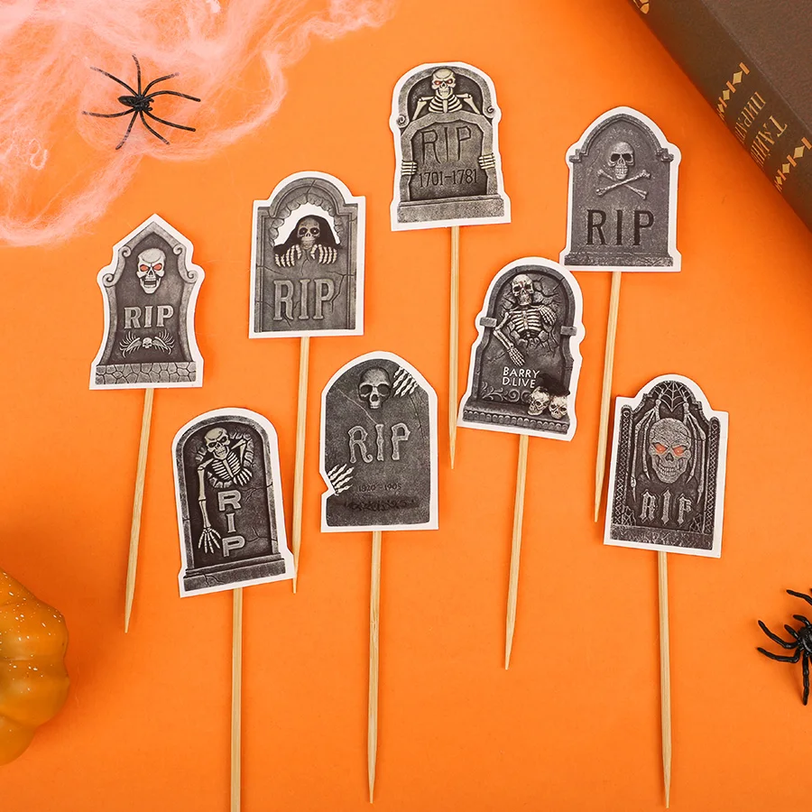 16/32 Stück Halloween Horror Cupcake Topper Grabstein Skelett Kuchen-Dessert-Deko Halloween Geburtstag Party Dekorationszubehör – Detail 8