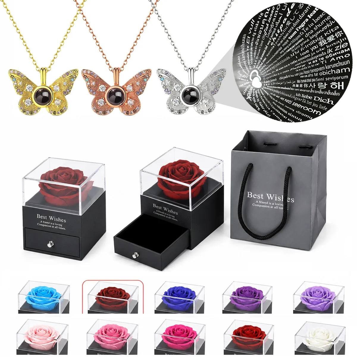 100 Languages Projection Butterfly Pendant Necklace With Rose Gift Box Romantic Christmas Valentine Birthday Wedding Jewelry