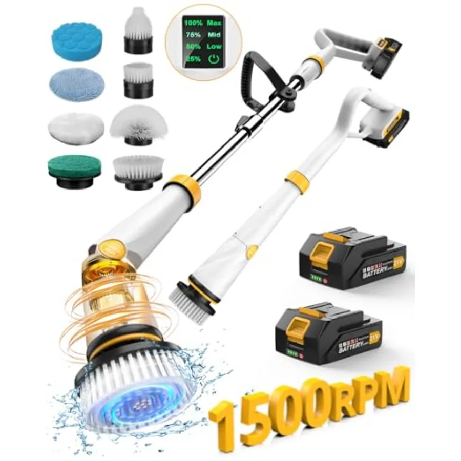 Electric Spin Scrubber with Two Batteries Q2 Pro1500 RPM High Power Electric Scrubber for Cleaning Shower Cordless Cleaning Bru