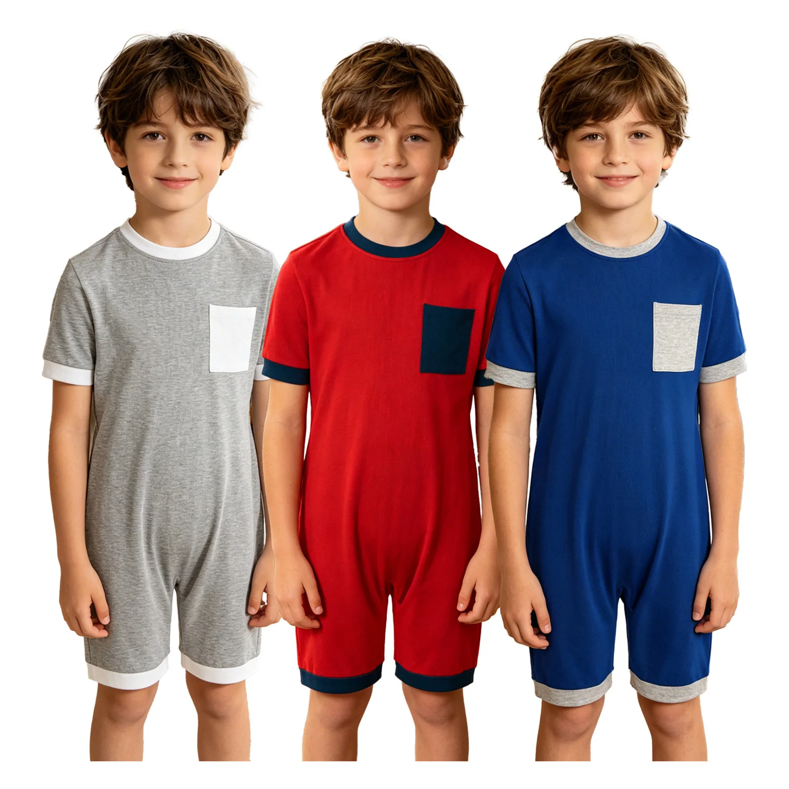 Unisex Kids Special Needs Adaptive Clothes Anti-strip Zipper Romper Short Sleeve Contrast Color Jumpsuit with Pocket
