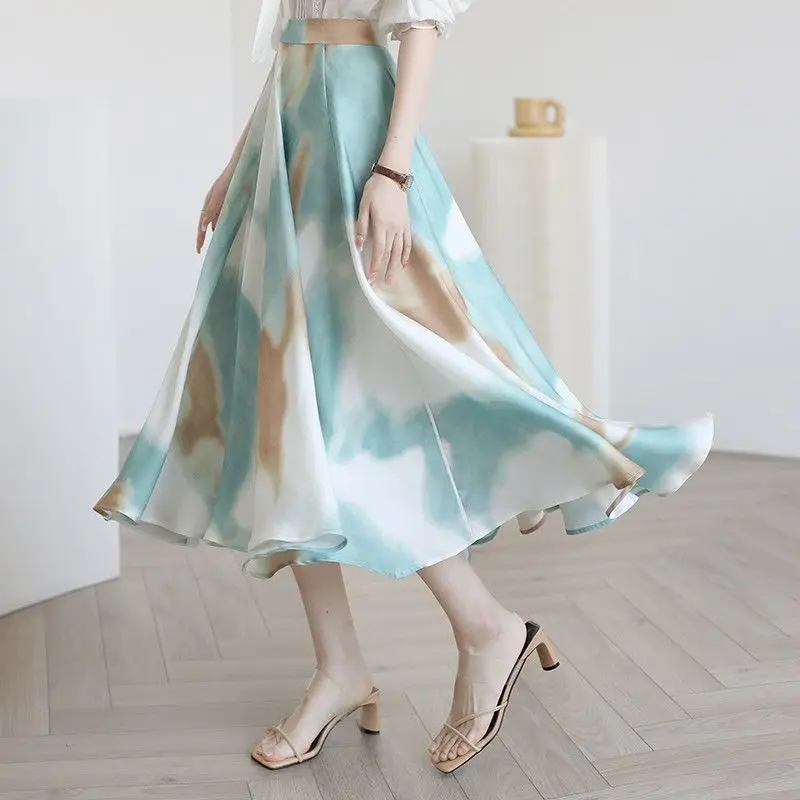 

New spring clothing cotton linen large swing skirt long skirt autumn new large size female A-line pleated korean style