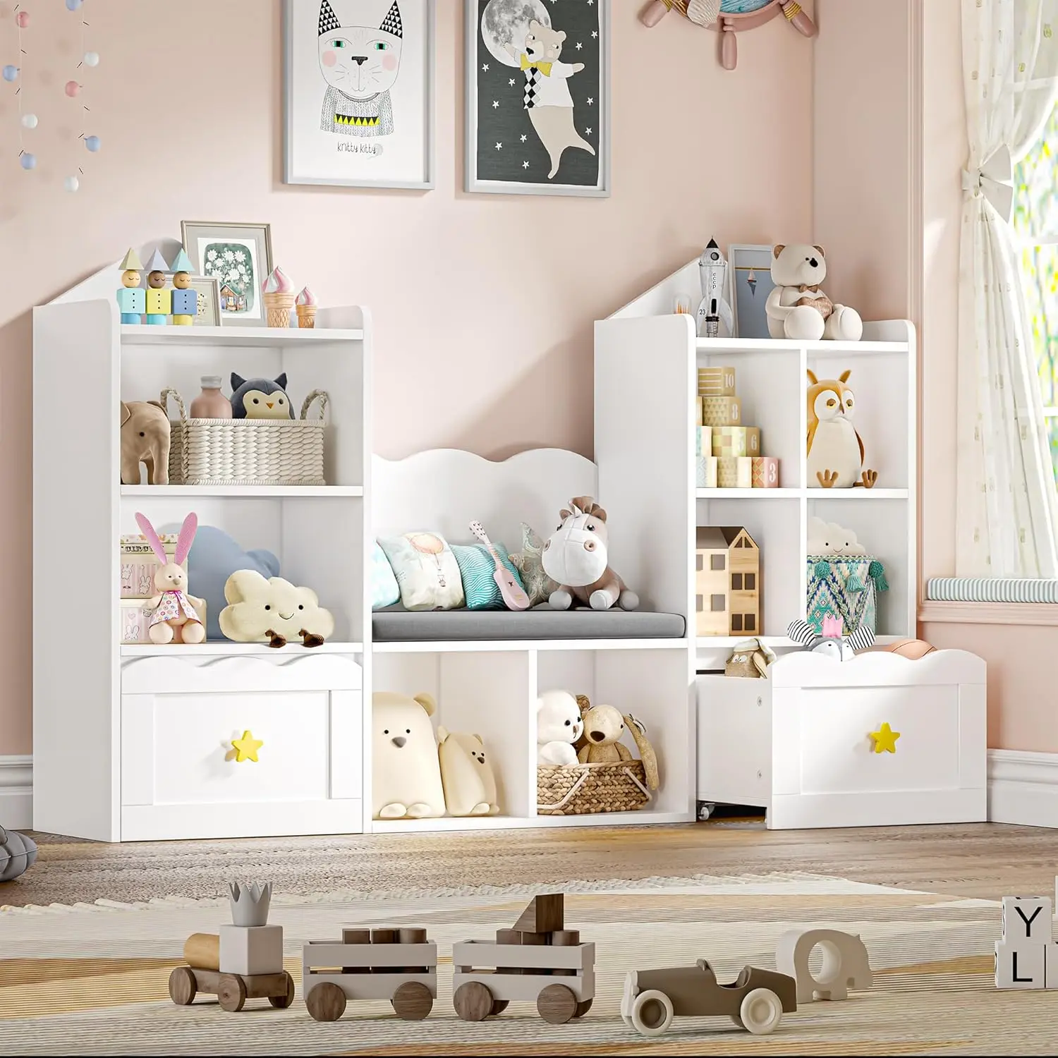 

Bookshelf with Reading Nook, Kids Bookcase with Soft Cushion Seat, 2 Wheels Drawers and 8 Storage Cubbies, Toy Storage