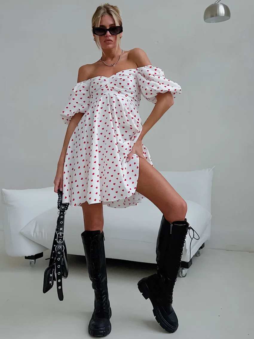 

Bornladies Sexy Off The Shoulder Print Dress Women 2023 Summer Short Sleeve Party Dresses Fashion Slim Mini A Line Dress New