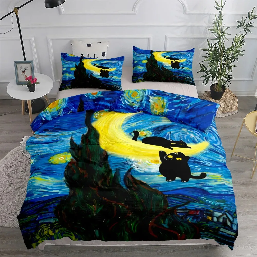 

Ellen Poe Black Cat Starry Night Duvet Cover Set King Queen Double Full Twin Single Size Bed Linen Set