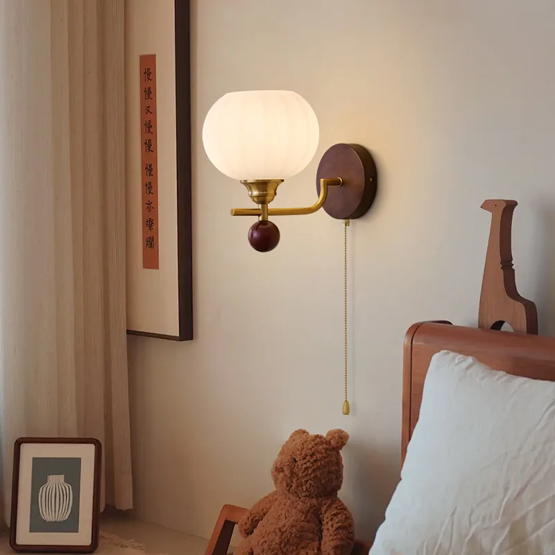 Japanese Wabi-sabi Wooden Base Pull Cord Switch Wall Lamp Rotundity White Glass Light Living Room Bedroom Corridor Study Sconces