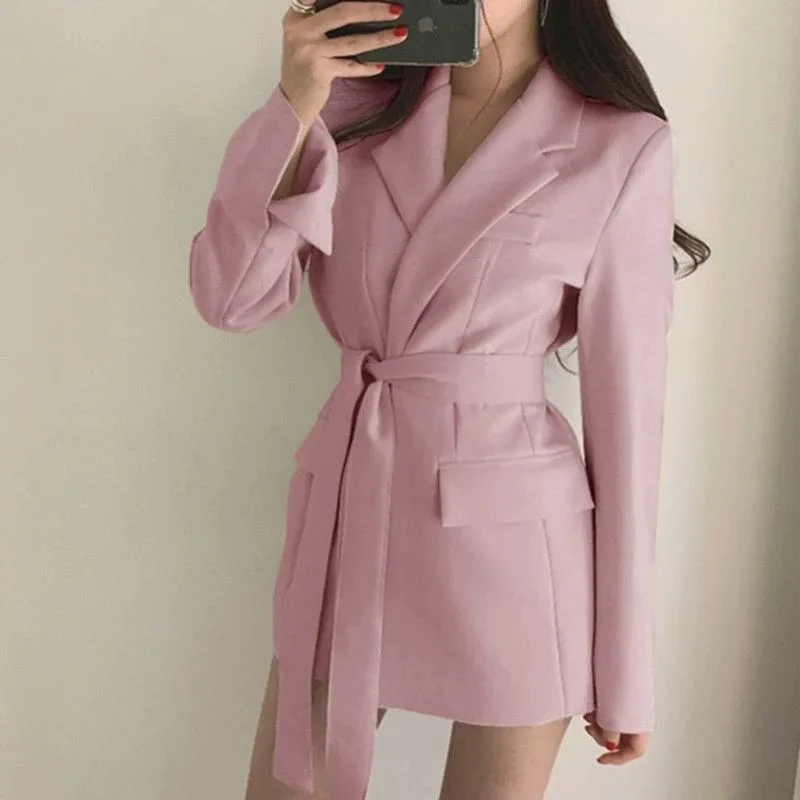 Suit Jacket Women Autumn New Korean Long Coat with Belt Office Lady Turndown Collar Female White Slim Casual Women‘s Blazers