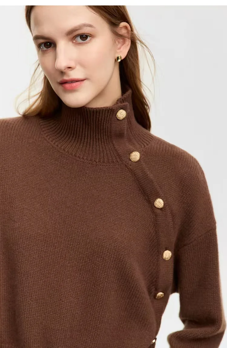 

Retro Red Pure Cashmere Women's Design Sense High Collar Slant Sleeve Split Knitted Bottom Sweater Loose Cashmere Sweater