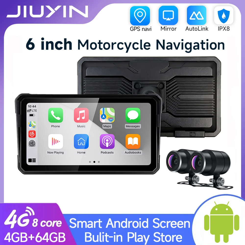 JIUYIN 6 Inch HD Android Smart Touch Screen Motorcycle DVR Navigation GPS Wireless Carplay Android Auto Bluetooth IP8 Waterproof